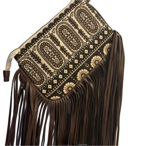 Fringed Boho Printed Crossbody Clutch in Brown and Cream